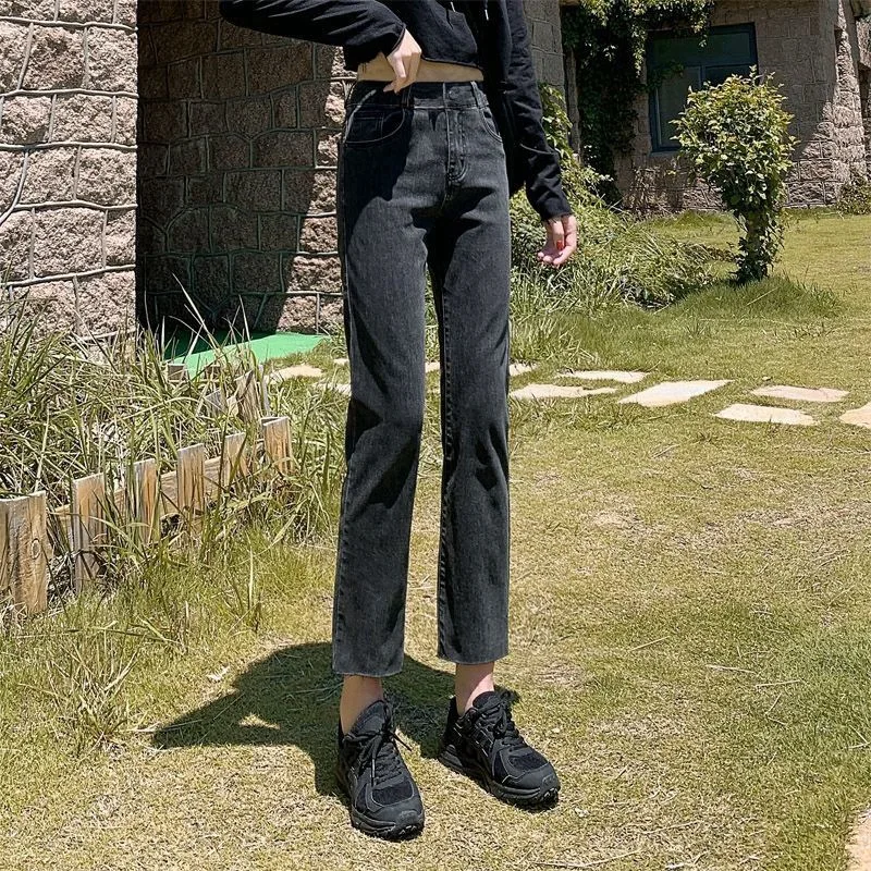 Straight jeans denim women's new loose high waist thin elastic cigarette pipe small all-match nine-point pants