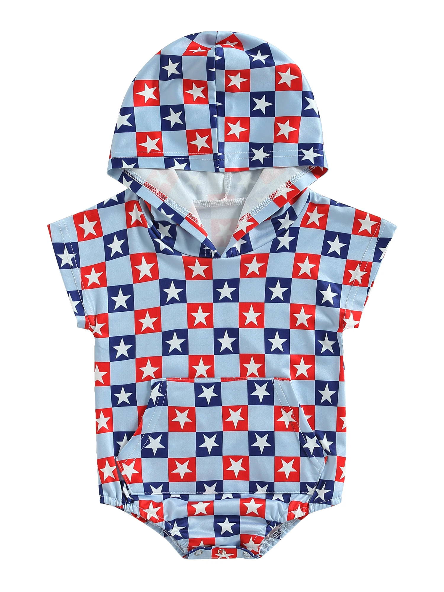 

Baby Boys Girls 4th of July Romper Short Sleeve Star Checkerboard Print Newborn Hooded Bodysuit