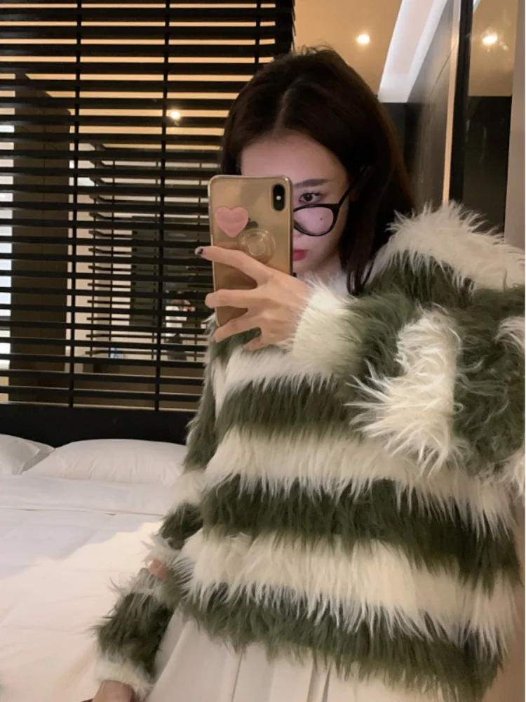 

Japanese Casual Grunge Striped Fluffy Jumper Knitwear Women Simplie Gothic Lolita Female Sweater Harajuku Y2k Mohair Pullovers