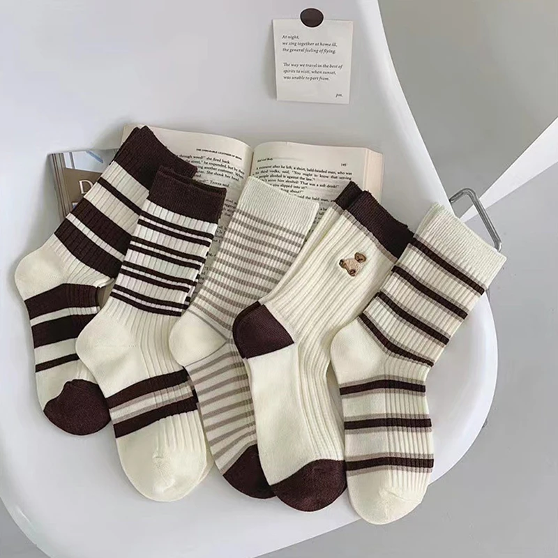 

Women Cartoon Animal Pile Pile Socks Autumn Winter Thicken Bear Black White Stripes Cartoon Fashion Cute Socks