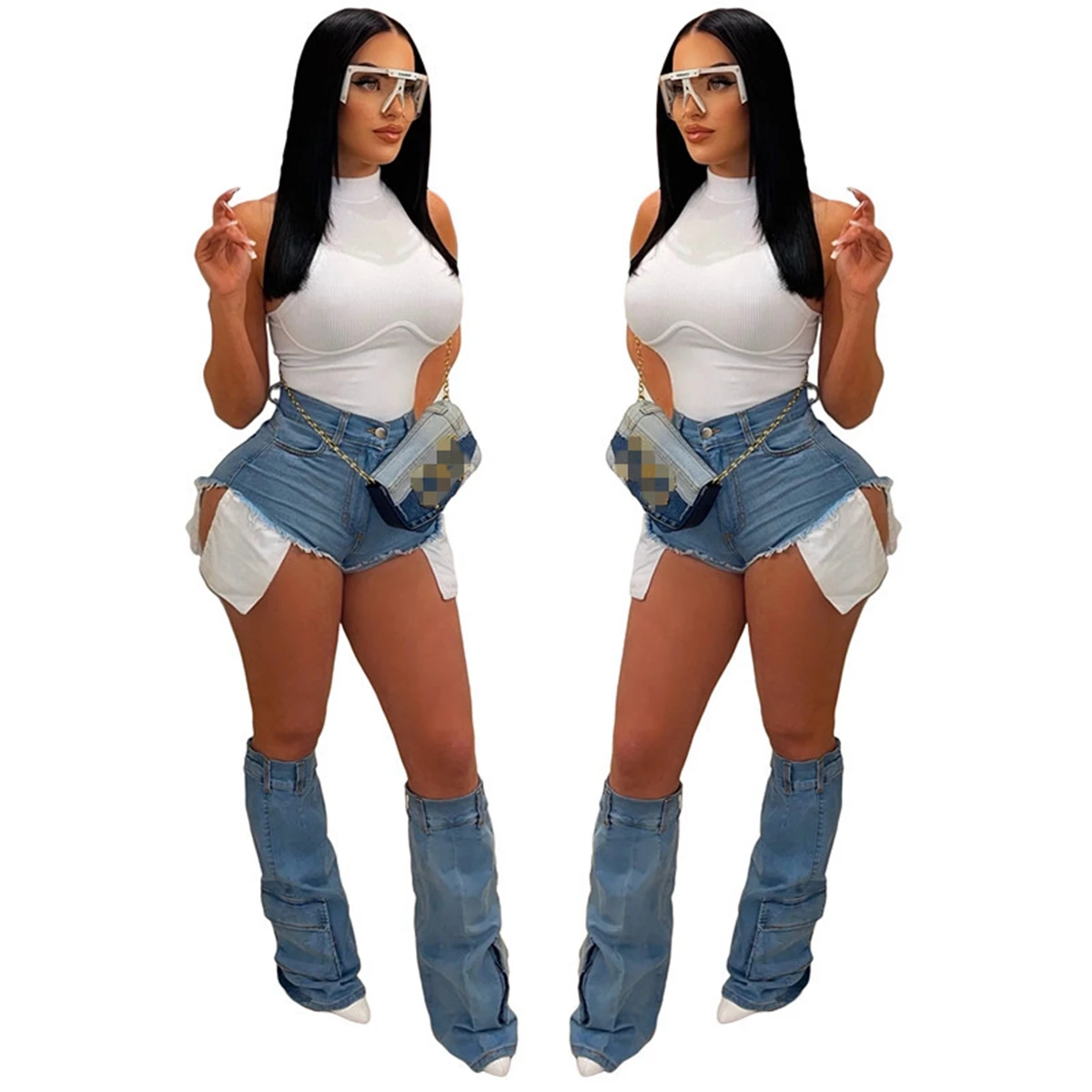 Wishyear Summer High Waist Denim Shorts with Legs Women Fashion Legging Socks Streetwear Y2k Pockets Sexy Short Jeans Femininos