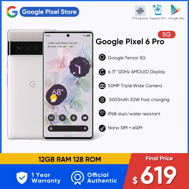  Google Pixel 6 Pro 5G Smartphone 12G RAM 128 ROM 6.71\" AMOLED Display  IP67 Dust/Water Resistant   Octa Core Android Mobilephone 