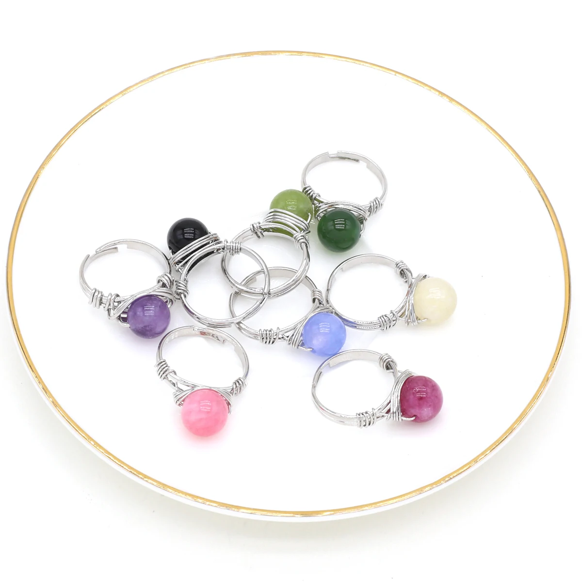 

2 PCS Zinc Alloy Adjustable Size Natural Stone Add Color White Stone Rings Exquisite Jewelry Party Couple Ring Accessories