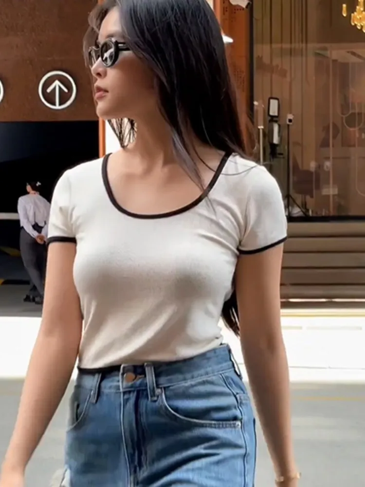 

Backless Feminist Shirt For Women Y2k Top Color Blocking Short Sleeve Summer Clothes Slim Fit O-Neck Ropa Mujer Aesthetic Tshirt