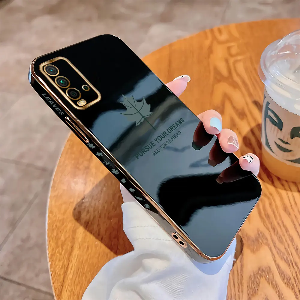 

For Xiaomi Redmi 9T 9A 9C 9 8 8A 7 Luxury Square Case Maple Leaf Plating Cover Shockproof Soft TPU Cases