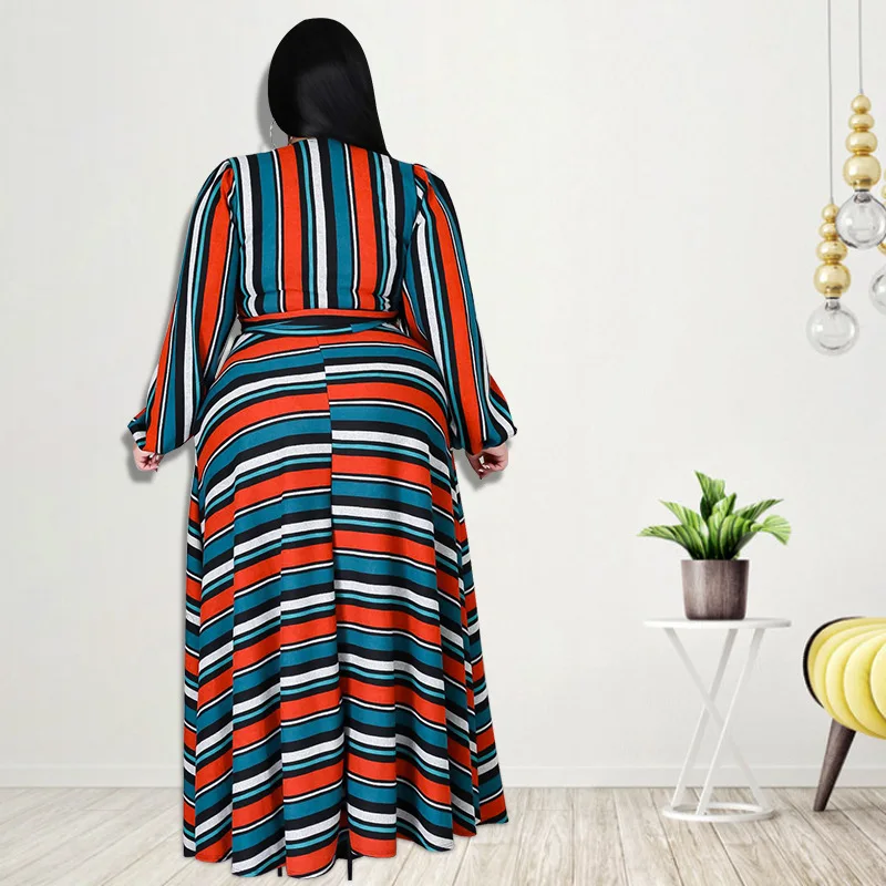 Plus Size Two Piece Dress Striped Bandage Tops And Skirts Female Luxury Party Dress Korean Style Outfit 2023 Spring Casual Sets