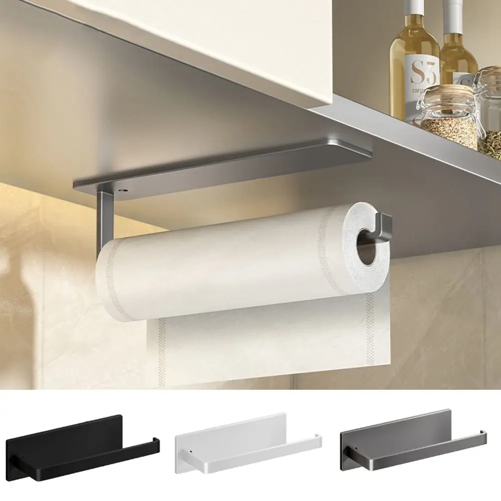 

Carbon Steel Paper Towel Holder White/Black/Grey Non Perforated Fresh Film Storage Rack Self-adhesive Wall Mounted Bathroom