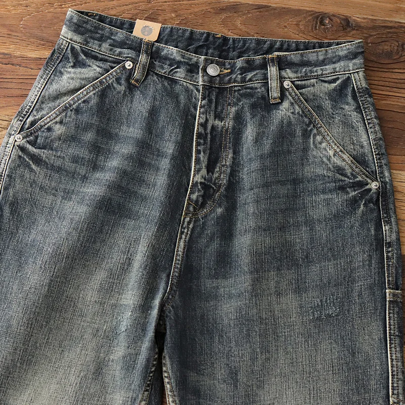 Men's jeans straight tube loose Japanese retro spring and autumn leisure wash do old sand wash retro broad-legged overalls