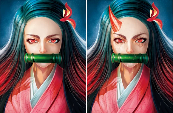 3d-плакат с рисунком из аниме рассекающий демонов скрывающий незуко меняющая