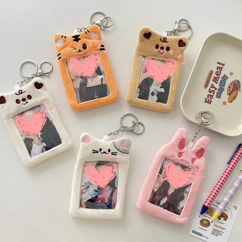 

Kawaii Plush Photocard Holder Rabbit Bear Cat Idol Photo Plush Card Holder Cute Keychain Id Credit Bank Protector Stationery