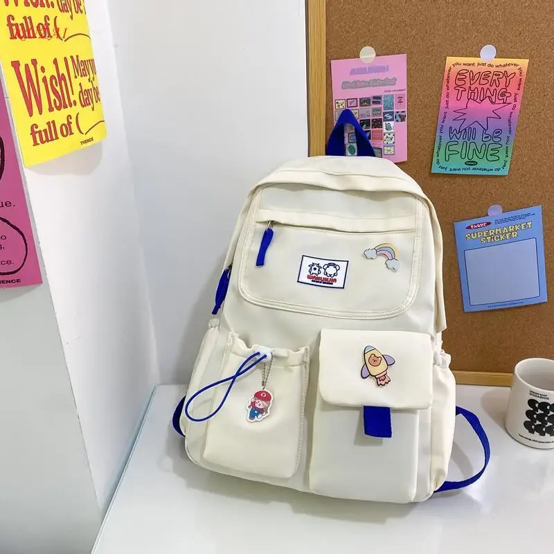 

KUZAI New Multipocket Waterproof Nylon Women Backpack Female Kawaii Badge Shoulder Bag High School Girls Cute Schoolbag Bookbag