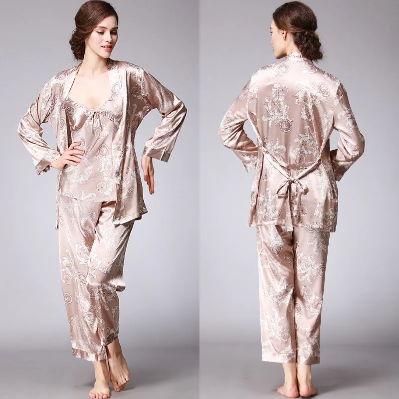 Women 3 Pieces and Men Robe Satin Silk Sleepwear Couple Pajamas Set