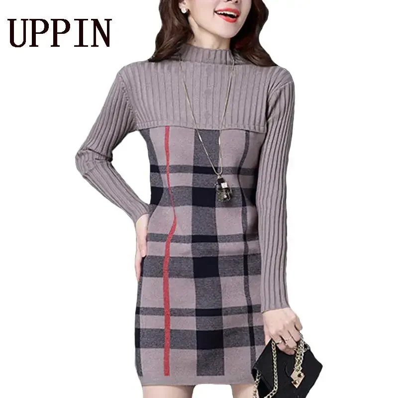 

NEW 2023 2017 New Loose Women Autumn Winter Dress Turtleneck Long Sleeve Plaid Knitted Sweater Dress Female Warm Sweaters Pullov