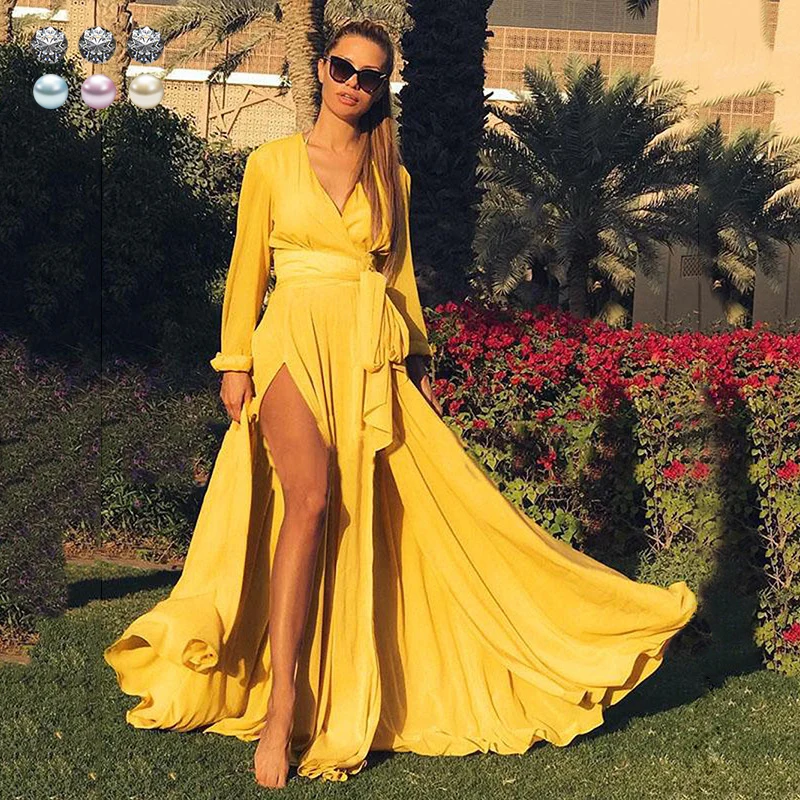 

[ Dropshipping 047 ] Yellow Slim Long Sleeves Maxi Dress with Belt Autumn Sexy Chic Slit Long Dresses for Women Clothing