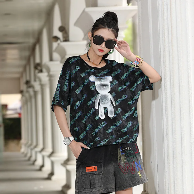 

Tide brand crewneck pattern letter 2023 new summer short-sleeved T-shirt everything with popular street top female cotton