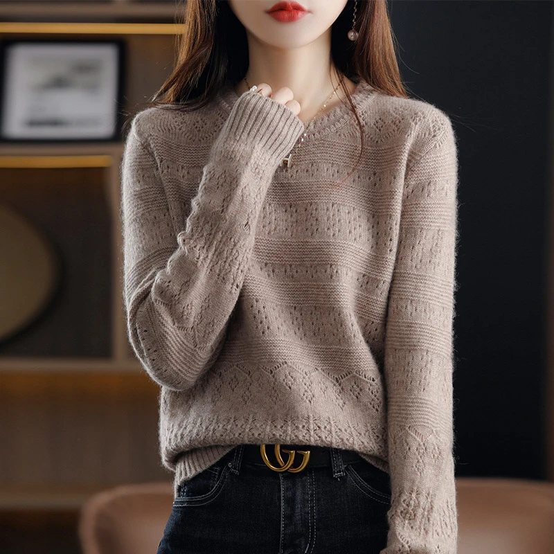 

Women's Cashmere Sweater Round Neck Blouse All-match Pullover Sweater Thinner Solid Color Long Sleeve Top Casual Female Shirt