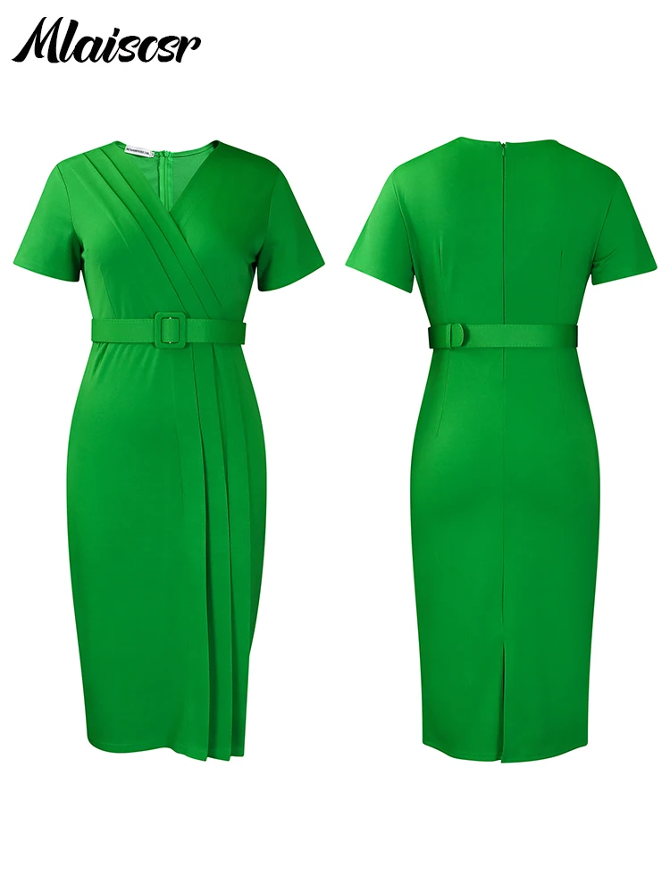 Mlaiscsr офисное женское платье с круглым вырезом и коротким рукавом высокой талией