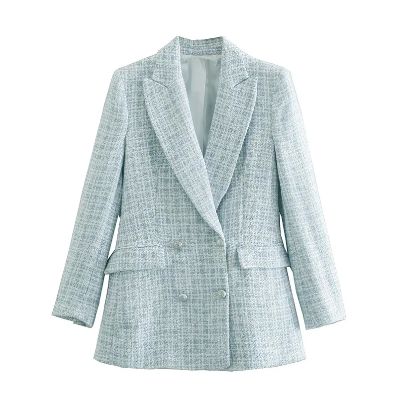 

Women Lapel Elegant Blue Tweed Blazer Jacket 2022 Spring Autumn Fashion New Double Breasted Office Lady Casual Suit Coat