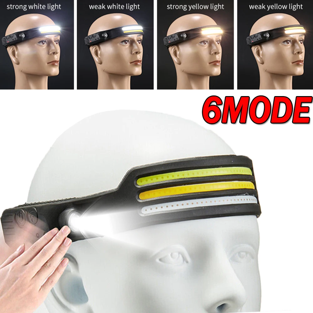 

LED Headlamp USB Rechargeable Bright Head Lamp COB 6 Mode Motion Sensor Torch Lightweight Flashlight for Outdoor Camping Hiking