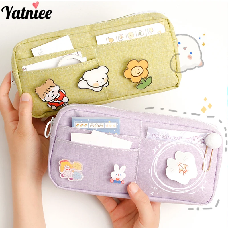

Yatniee Canvas Pencil Case Kawaii Pencilcases for School with Cute Badge Large Capacity Pink Purple Pencil Bags Girls Stationery