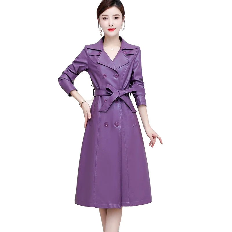 Long Black Red Leather Trench Coat For Women Long Sleeve Belt Lapel Women Fashion 2023 Luxury Autumn Winter Outerwear