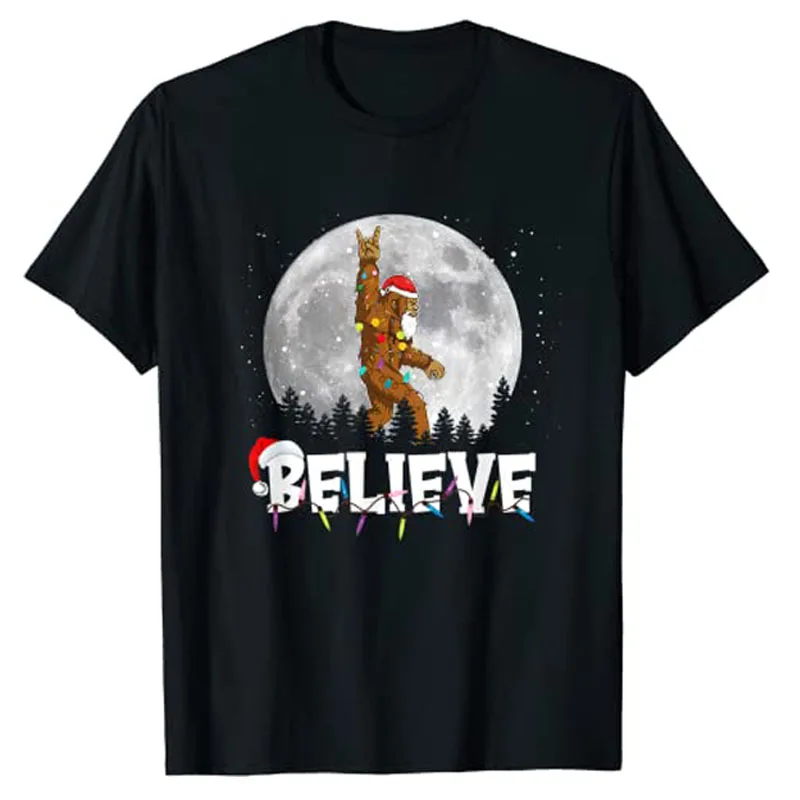 

Santa Bigfoot Christmas Light Funny Sasquatch Believe Xmas T-Shirt Gifts Cute Graphic Tee Top Men Boys Holiday Aesthetic Clothes