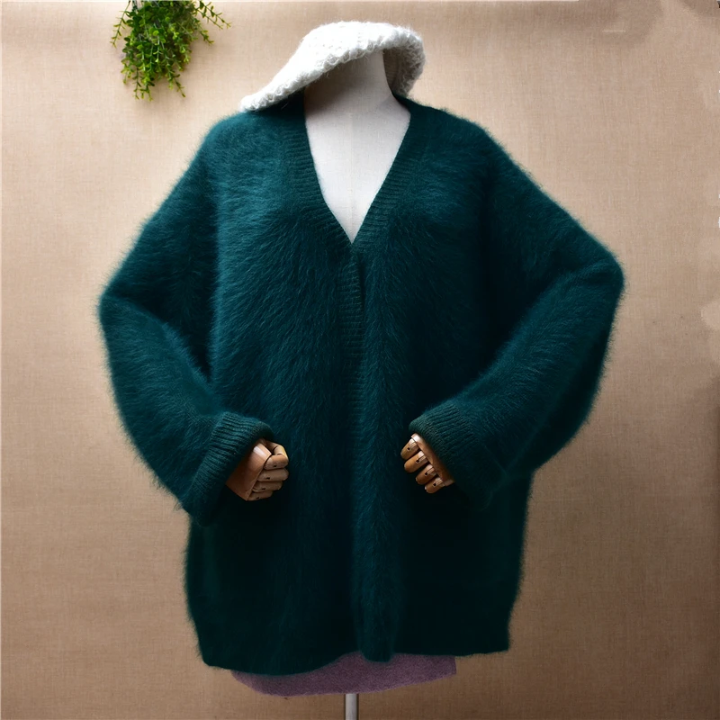 

Female Women Fall Winter Thick Warm Hairy Mink Cashmere Knitted Long Sleeves V-Neck Loose Cardigan Angora Fur Coat Sweater Pull