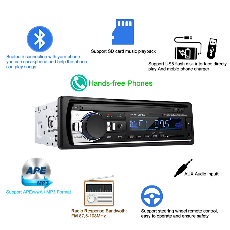 Car Radio 1DIN USB MP3 Player SD Card Bluetooth FM Receiver 520 12V WMA/WAV Cheap 4*60W EQ with Steering Wheel Remote Control |