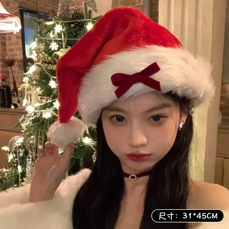Рождественская шапка для взрослых и детей, черная шапка с бантом, рождественский головной убор, утолщенная теплая шапка Санта-Клауса, красные рождественские шапки, аксессуары для косплея