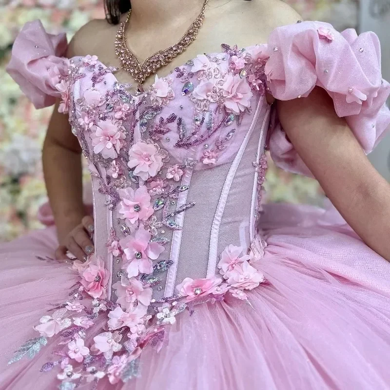 ANGELSBRIDEP Мексиканское розовое платье Charro Quinceanera кружевные аппликации 3D цветочные