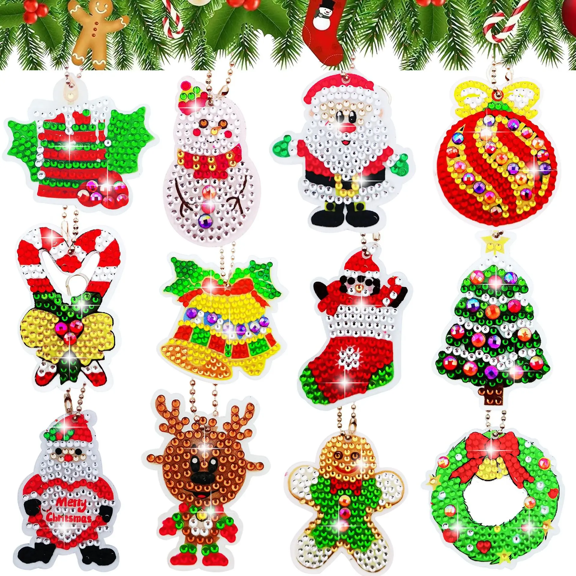

12pcs DIY Diamond Painting Keychain Christmas Cartoon Special Shaped Diamond Embroidery Women Bag Decoration Pendant Xmas Gifts