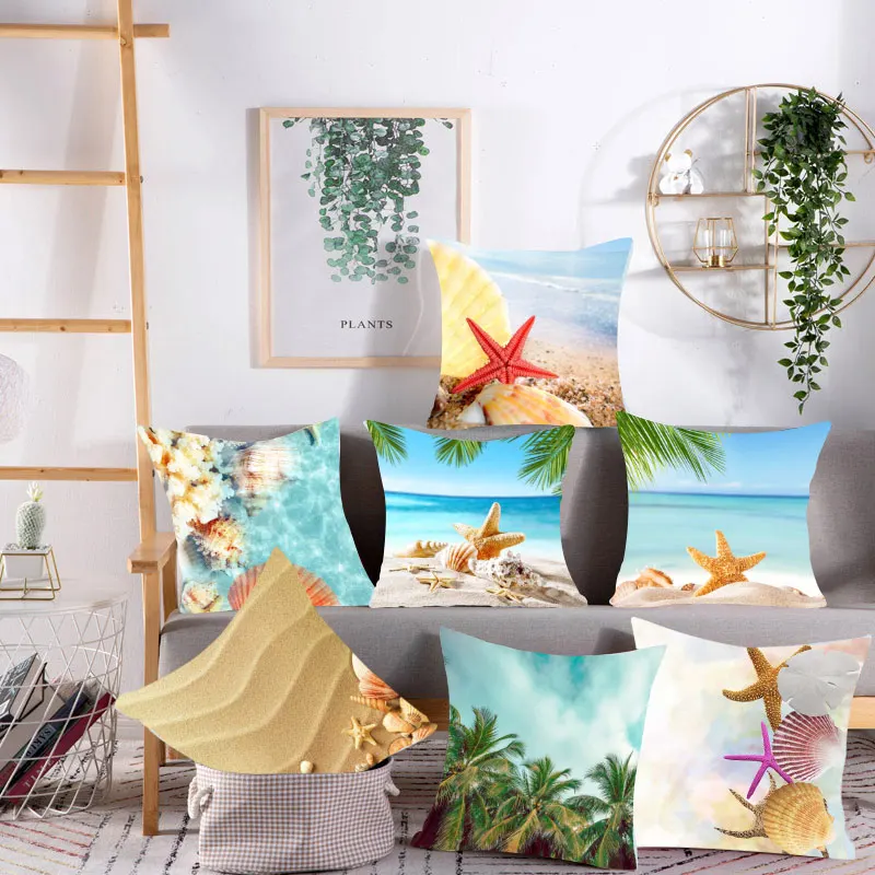 

Coast Beach Pattern Polyester Square Pillow Cushion Cover Car Sofa Office Chair Pillow Cover Simple Home Decoration Ornament