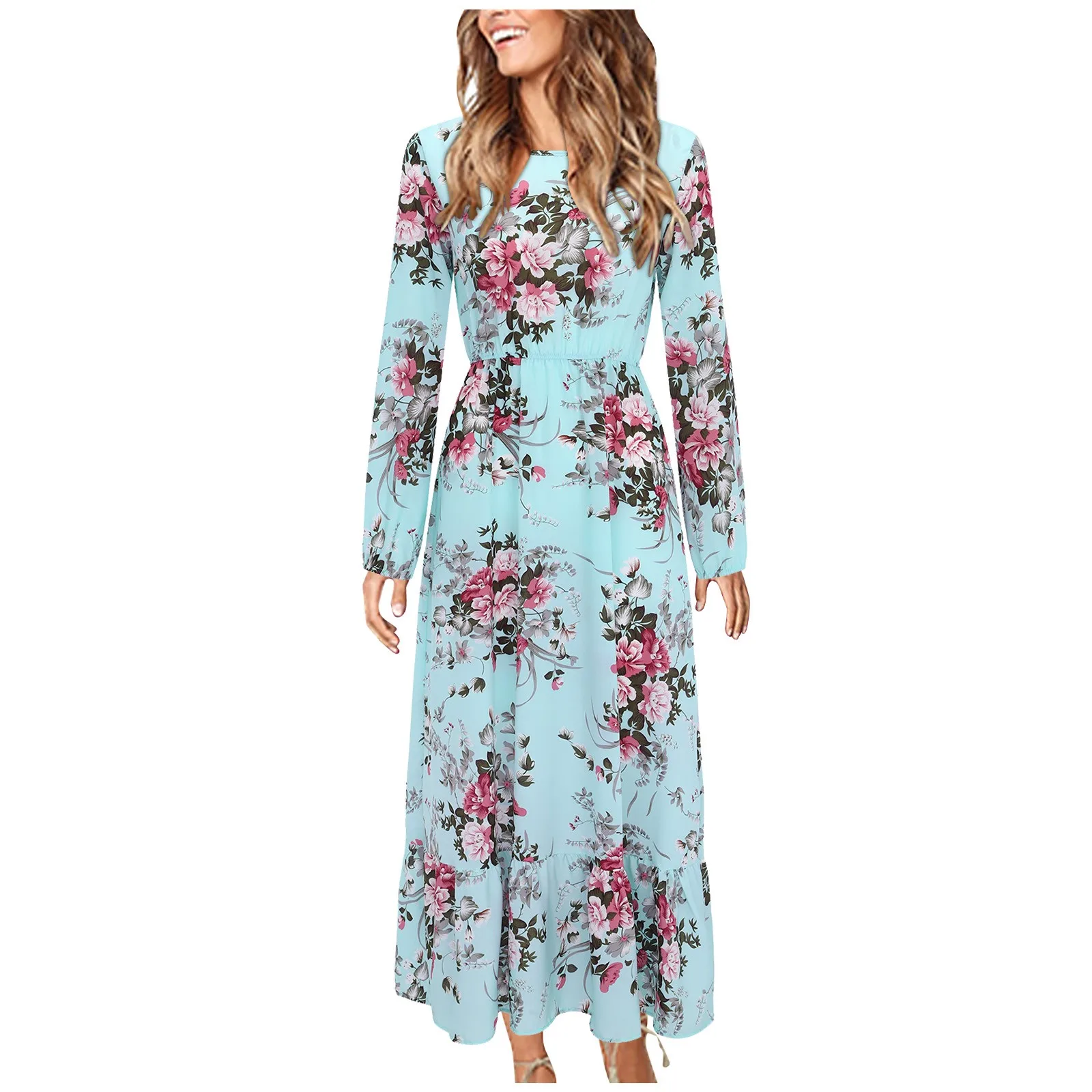 

Women Casual Dresses Long Sleeve Floral Printed Elegant Dress Ruffle Flowy Temperament Skirt Dress Women Stylish Simple Lace-up