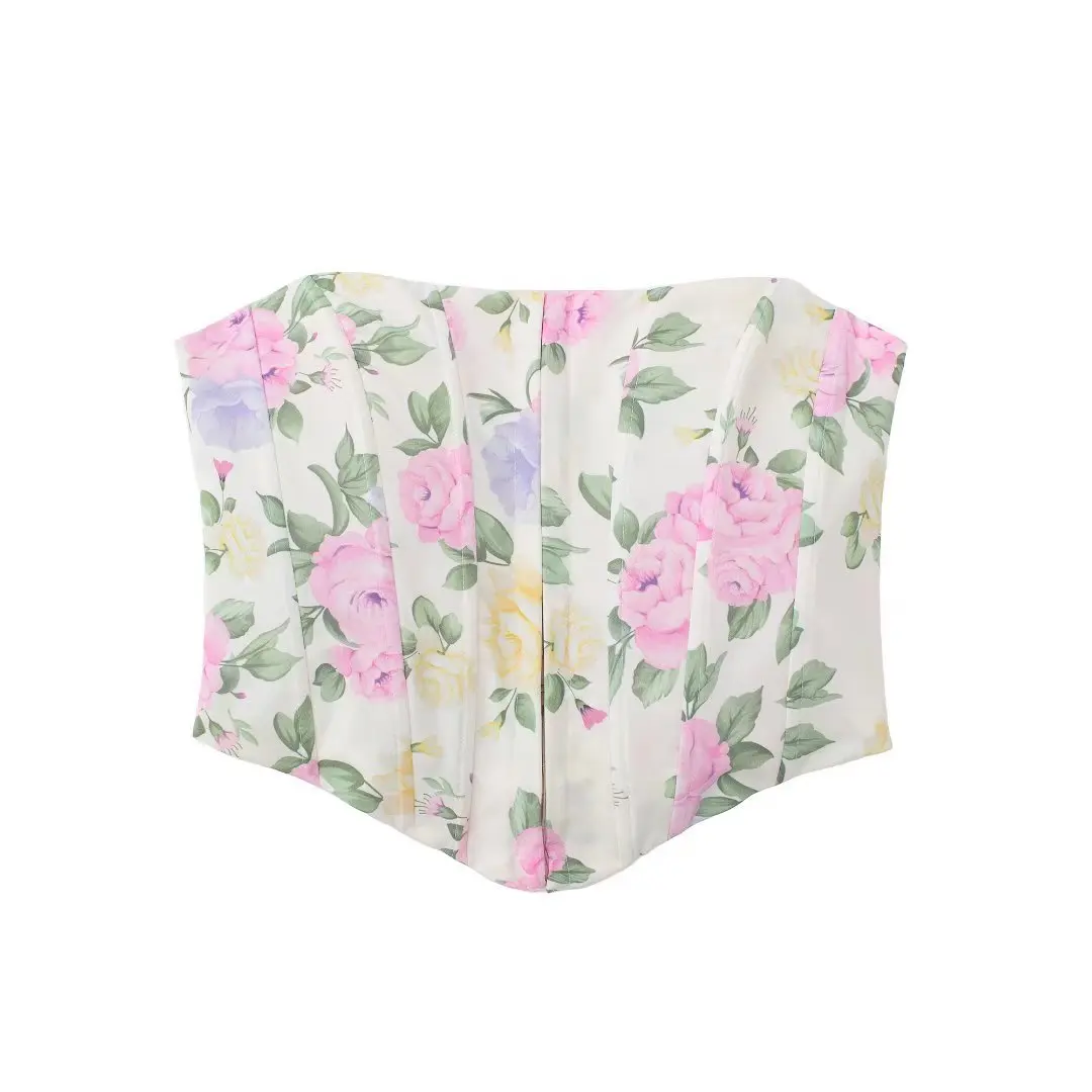 

2022 Women Fashion Sexy Front Metal Hooks Floral Print Bustier Vintage Sweetheart Neck Exposed Shoulders Female Camis Mujer