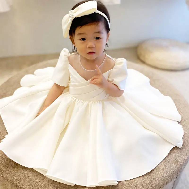 

New Model Summer Autumn Fashion Solid White Pleat Children Party Frock Baby Girls Birthday Dresses
