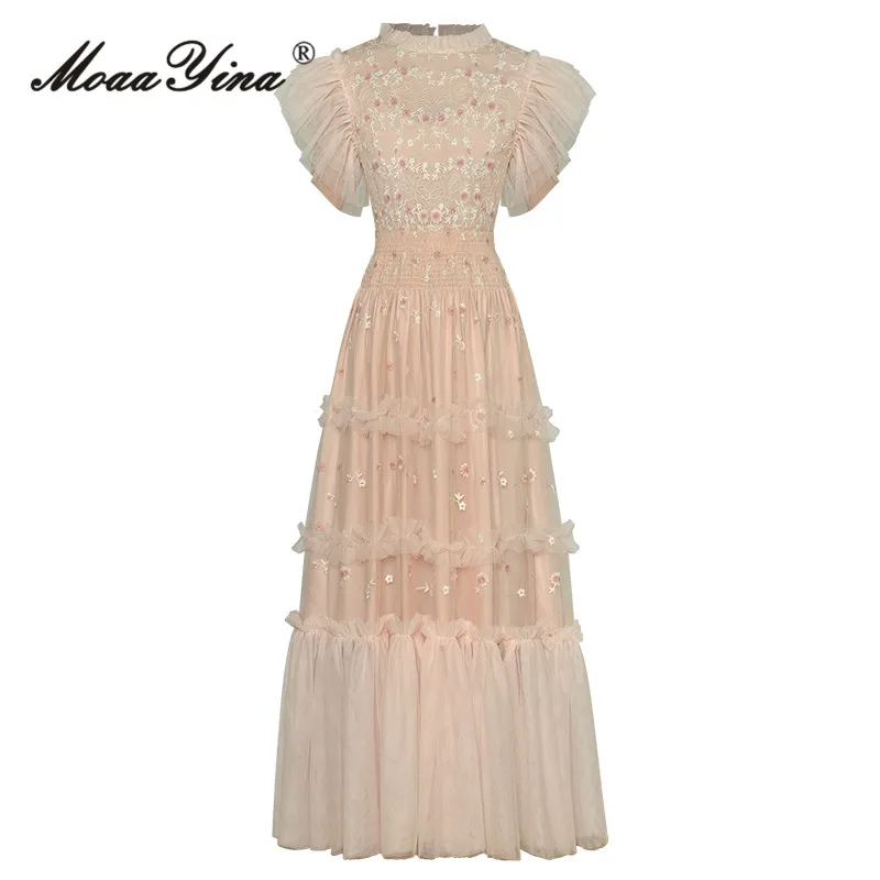 MoaaYina Summer Fashion Designer Vintage Party Mesh Dress Women's Stand Collar Embroidery Elastic Waist Ruffles Khaki Long Dress
