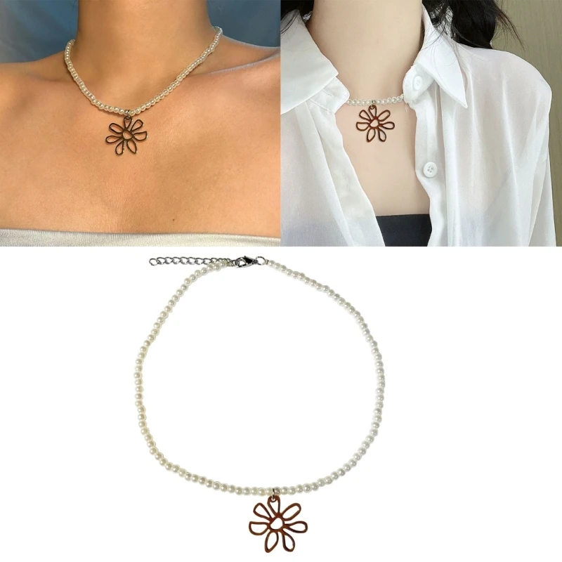 

Hollowed Out Flower Pendant Necklace Beaded Pearl Neckchain Trend Neck Jewelry