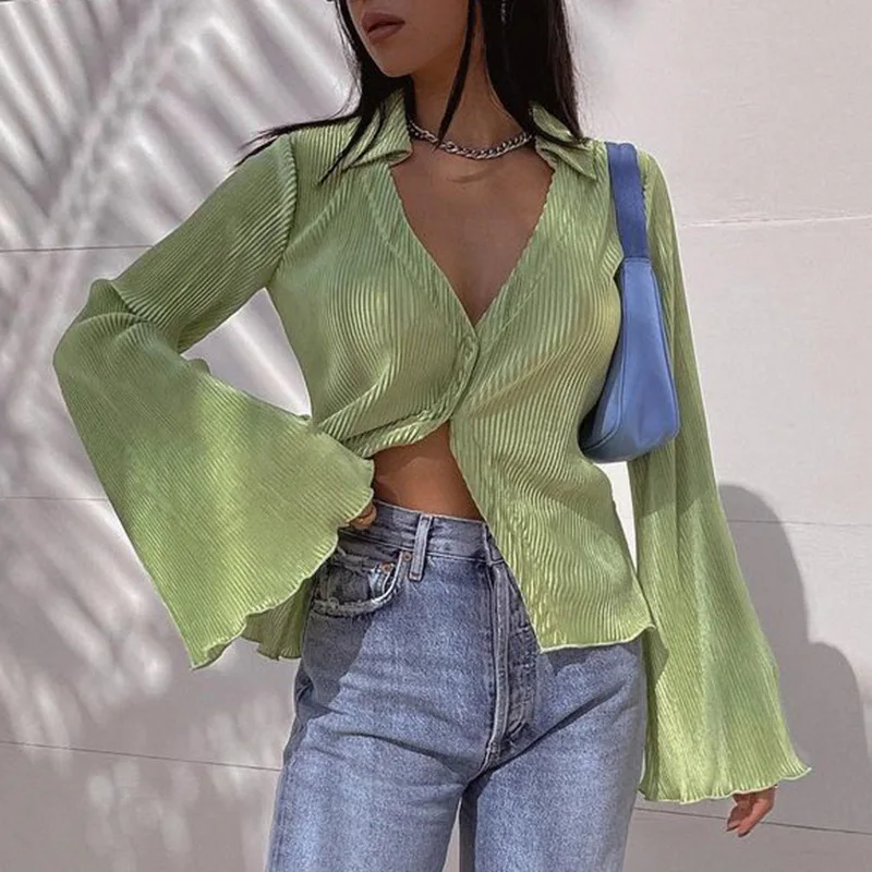 

Streetwear Vintage Flare Sleeves Tshirts Casual Button Up Casual Tops Tee Aesthetic Solid Fashion Korean Green Clothes