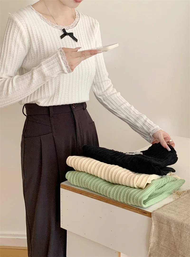 Женский Короткий трикотажный пуловер с кружевом 4 цвета