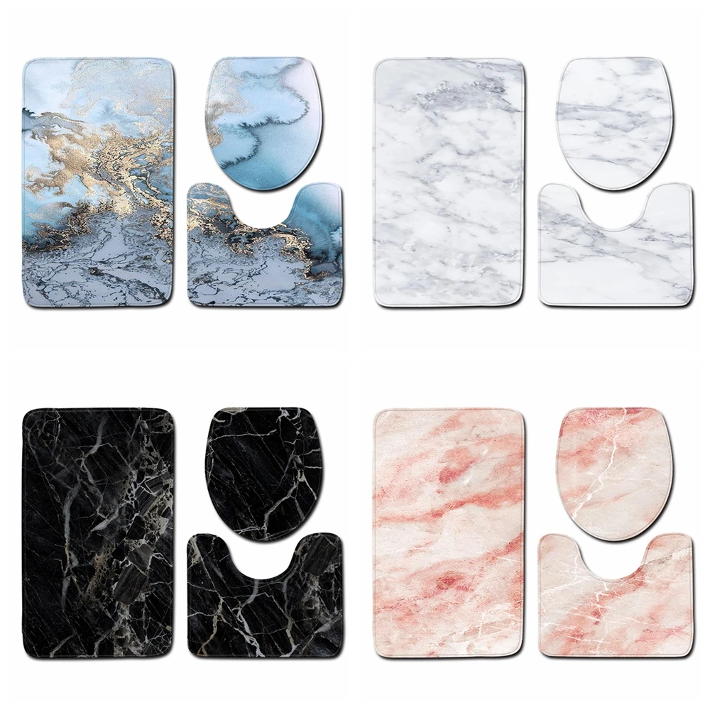 

3pcs High Quality Washable Home Decor Marble Pattern Pedestal Rug Bathroom Mat Set Toilet Seat Lid Cover Bath Mats