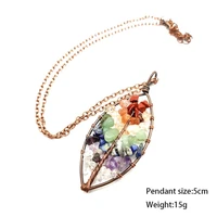 xqfate natural stone seven chakra leaves charm pendant necklace tree of life healing crystal clavicle chain jewelry for women