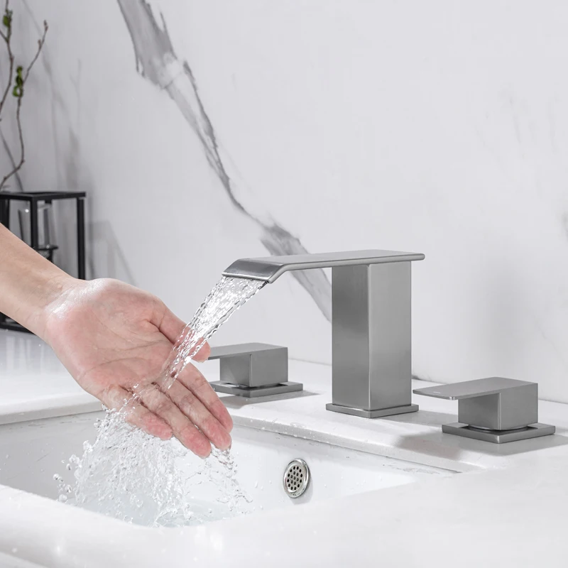 

Матовый никелевый водопад, широкий смеситель для раковины, 3 отверстия, 2 ручки, настенный смеситель для ванной комнаты