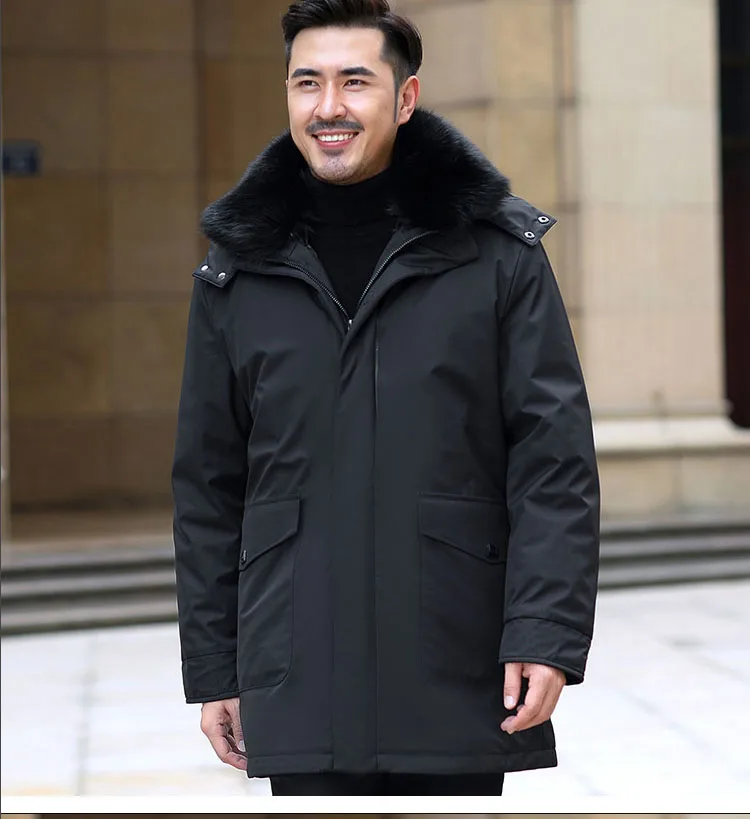 New Arrival 2023 Men Duck Down Overcoat Jacket with Real Fox Fur Collar Hoodie Detachable Lining Navy Black Khaki XXXXXL 4XL 5XL