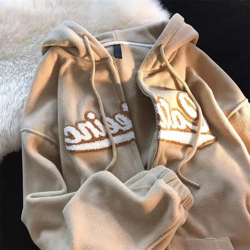 N GIRLS Letter Embroidery Hoodies Women Winter Casual Oversized Polar Fleece Hooded Sweatshirt Female Zipper Hoodie Streetwear