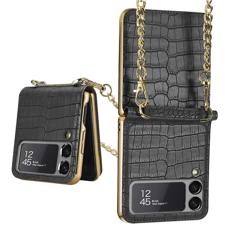 

Long Crossbody Chain Leather Phone Case For Samsung Flip 3 5G 4G Magnetic Flip Crocodile Skin Cover With Makeup Mirror