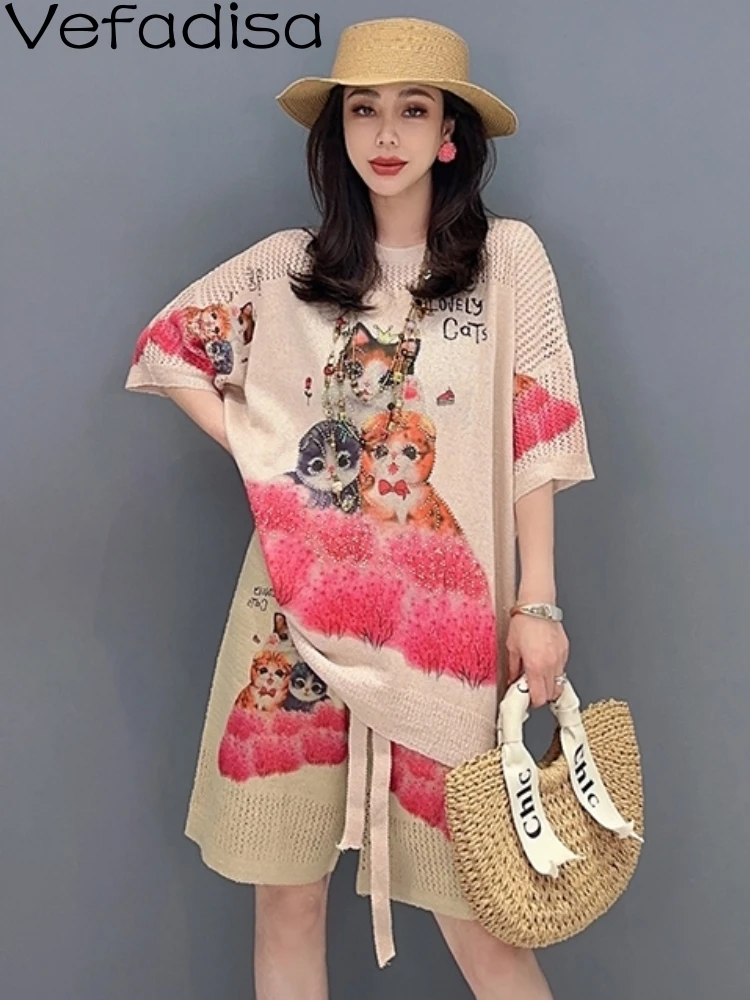

Vefadisa 2023 Summer New Women Fashion T-shiort Print Kitten Horse Capris Sporty Two-piece Set Personalized Matching Sets ZY1563