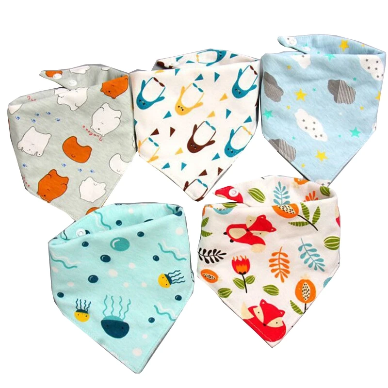 

5 Pcs Baby Feeding Drool Bibs Saliva Towel Triangle Scarves Bandana Soft Cotton Bibs Adjustable Snap Button Burp Cloth