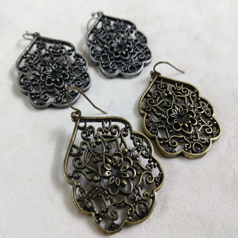

Vintage Brand Quality Antique Silver Gold Hollow Geometry Flower Drop Earrings