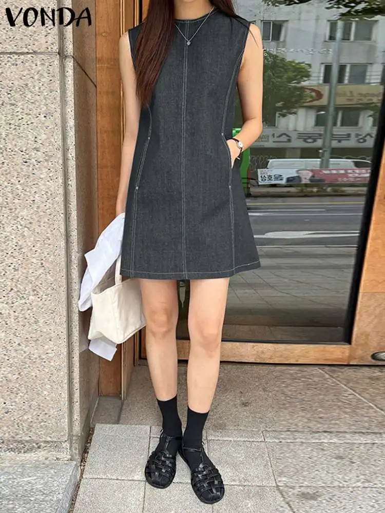 

2023 VONDA джинсовый сарафан, повседневное женское летнее модное пикантное однотонное свободное уличное короткое платье без рукавов