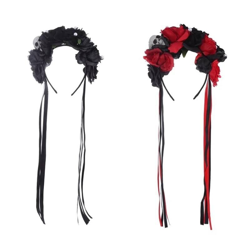

Gothic Skull Headband Goth Flower Crowns For Women Goth Tassel Headband Halloween Headband Day Of the Dead Headband